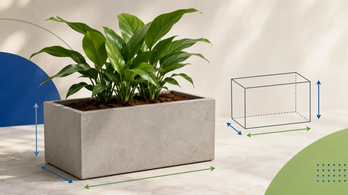 Desenho de jardineira retangular com medidas para calcular volume