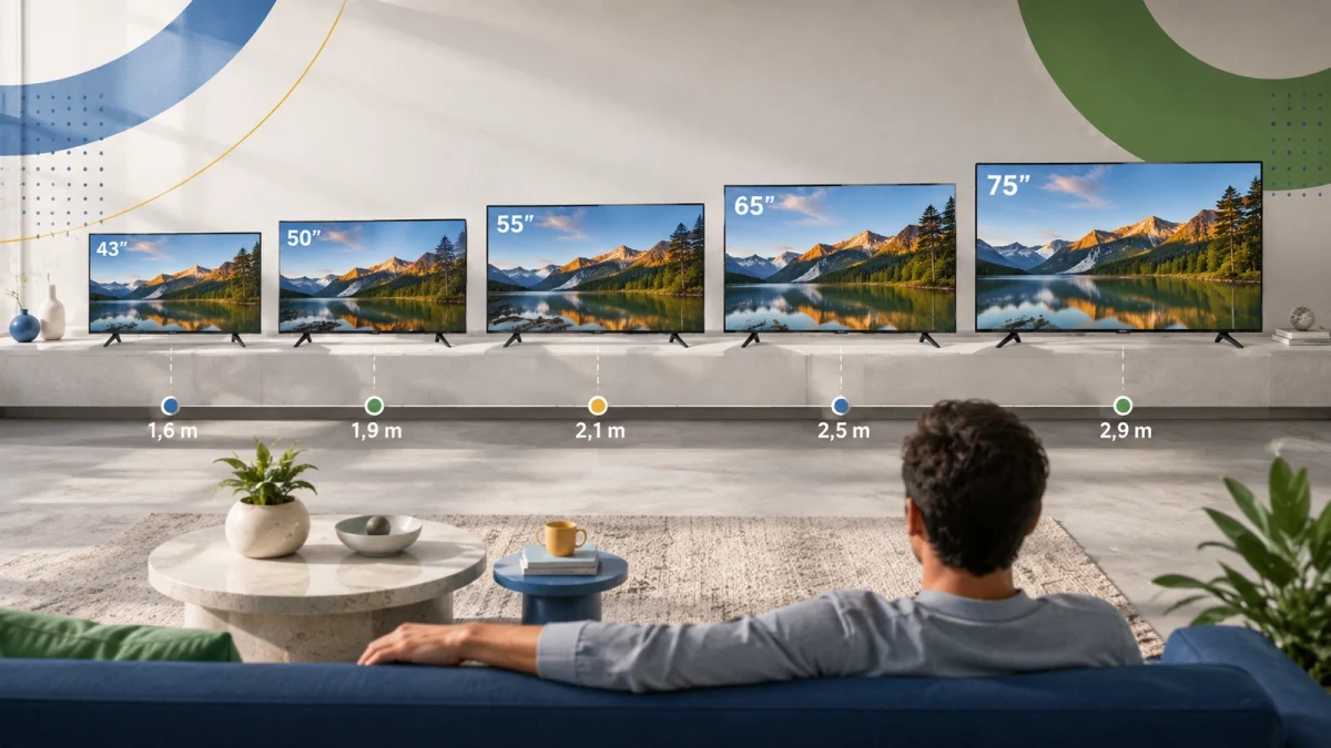 Televisão em sala com marcações de distância e tamanho da tela