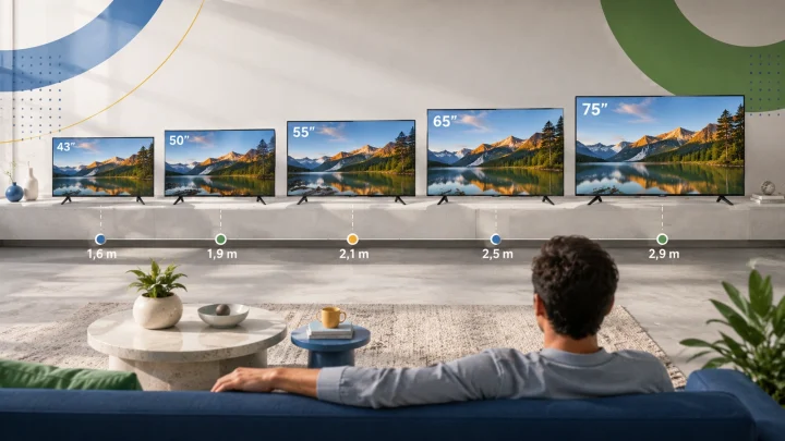 Televisão em sala com marcações de distância e tamanho da tela