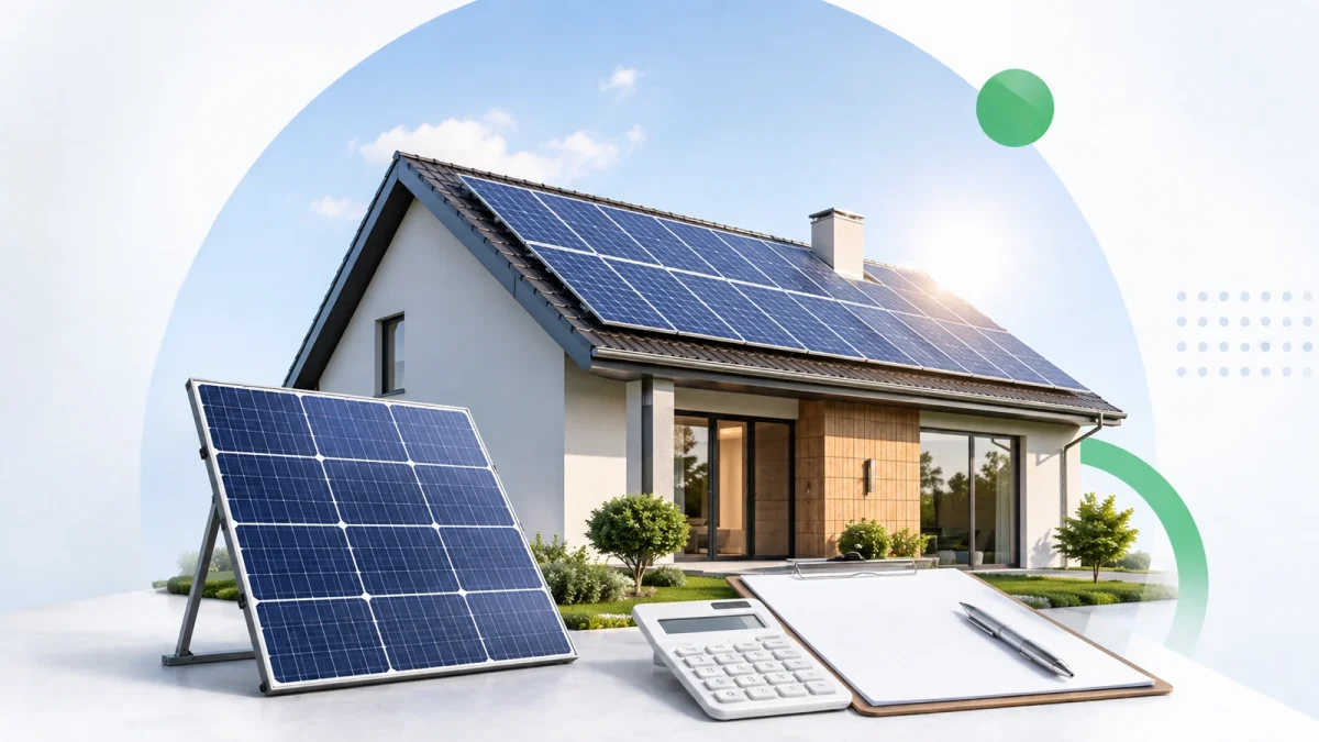 Residência com sistema de painéis solares e representação de cálculo de quantidade de módulos