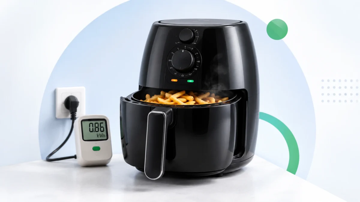 Air fryer moderna ao lado de relógio, plugue e símbolo de energia