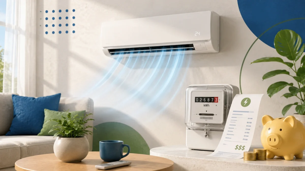 Ar-condicionado com medidor de energia e símbolo de consumo elétrico