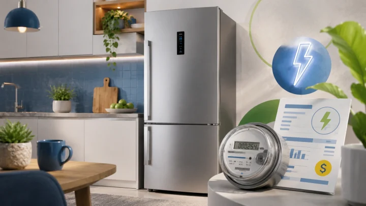 Geladeira representada ao lado de medidor de consumo elétrico