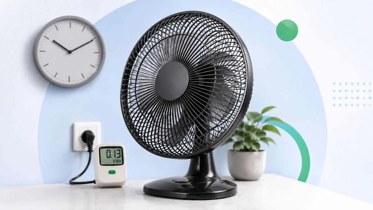 Ventilador doméstico, relógio de oito horas e medidor de consumo de energia