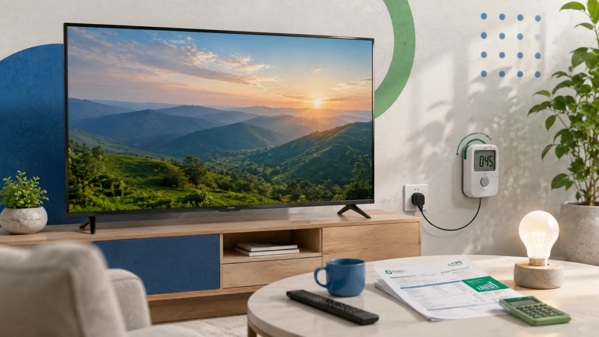 Televisão ligada com medidor e gráfico de consumo de energia