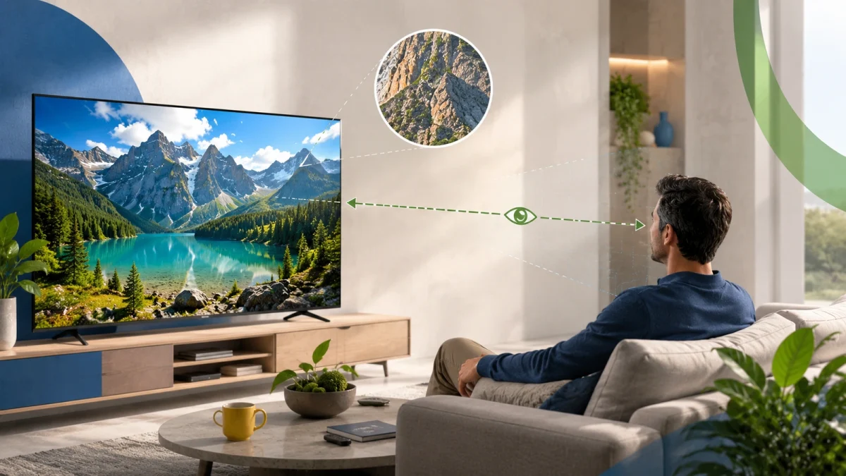 Televisão 4K com sofá e linhas representando campo de visão