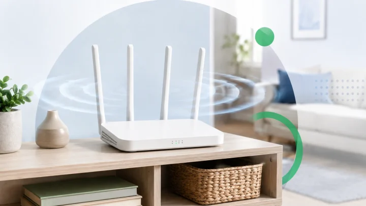 Roteador Wi-Fi em posição central de um ambiente com ondas de sinal alcançando diferentes áreas