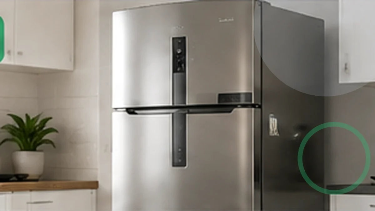Geladeira frost free moderna em cozinha clara, representando consumo e eficiência energética