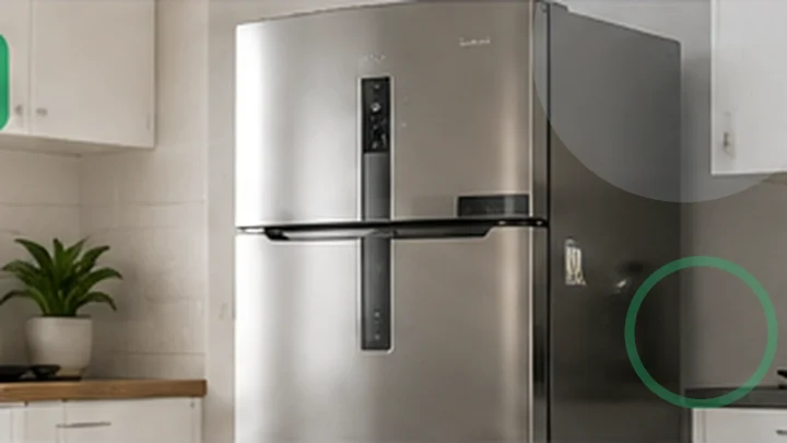 Geladeira frost free moderna em cozinha clara, representando consumo e eficiência energética