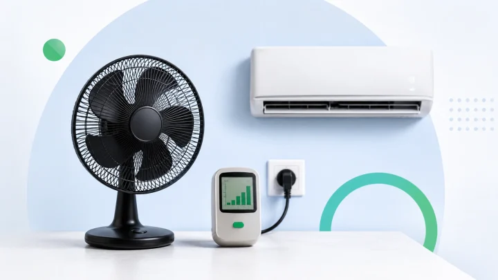 Ventilador e ar-condicionado lado a lado com medidor representando comparação de consumo elétrico
